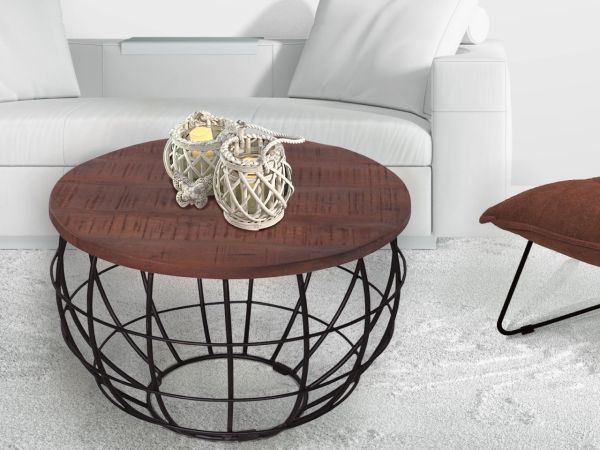 Couchtisch nachhaltig rund ø 75 cm Wohnzimmer-Tisch Massivholz London Metall Gitter Metall Gestell braun - bassano