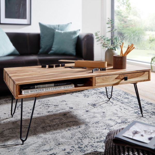 Couchtisch BAGLI Massiv-Holz Akazie 110 cm breit Wohnzimmer-Tisch Design Metallbeine Landhaus-Stil Beistelltisch