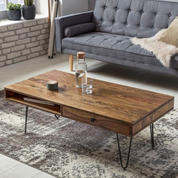 Couchtisch BAGLI Massiv-Holz Sheesham 110 cm breit Wohnzimmer-Tisch Design Metallbeine Landhaus-Stil Beistelltisch