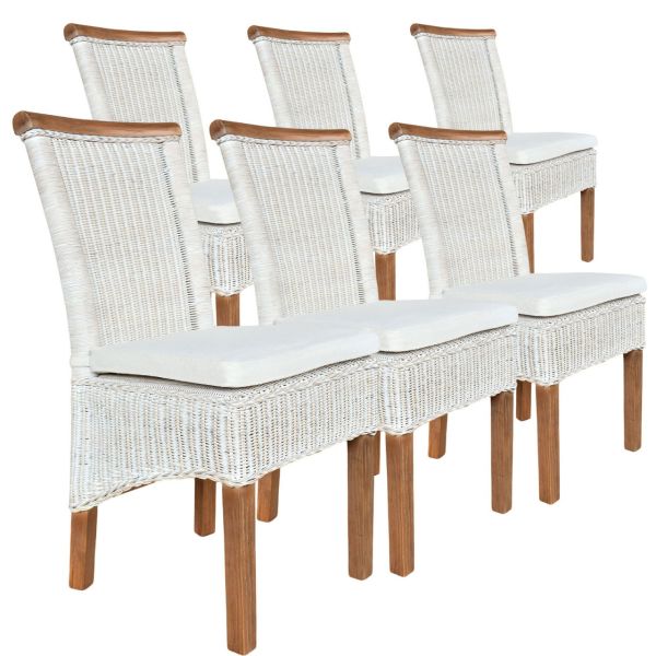 Esszimmer-Stühle Set Rattanstühle Perth 6 Stück Esstisch Stühle weiß Korbstühle nachhaltig mit Sitzkissen