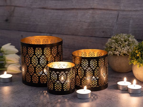 Kerzenständer 3er Set Windlicht Orient Teelichthalter rund schwarz gold