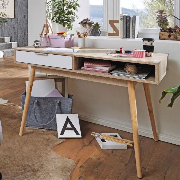 Design Schreibtisch mit Schublade MASSA Bürotisch Sonoma / Weiß 120 cm